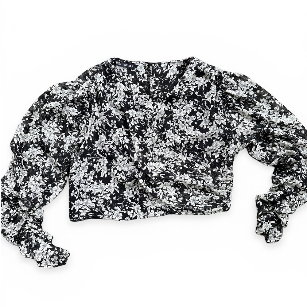 Zara Floral Crop Top Women Large Black White Excellent Puff Sleeve Wrap Front